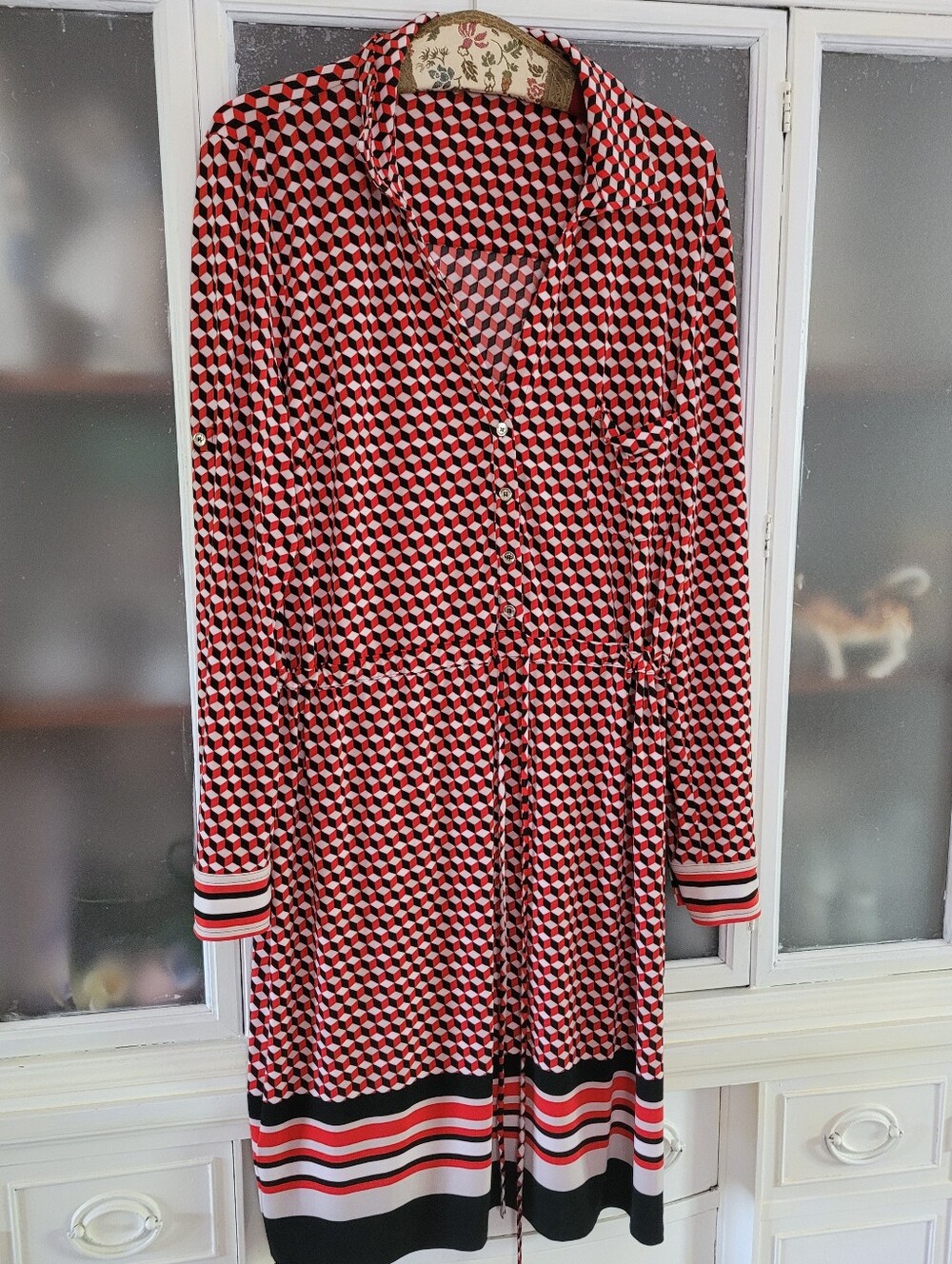 Tommy Hilfiger Red and Black Geometric Long Sleeve Shirt Dress